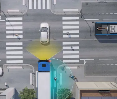 Alerts the driver of a possible front or passenger side collision then brakes and stops the vehicle if any action from the driver.