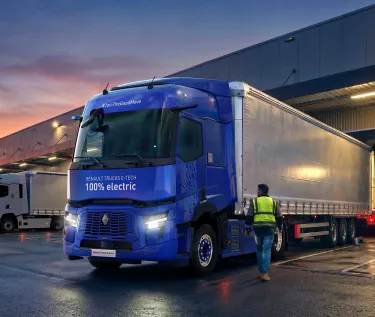 E-Tech Renault Trucks in a warehouse, ready to leave